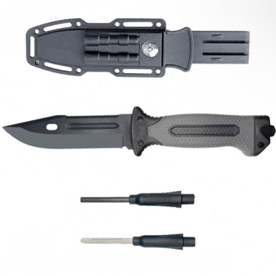 Cuțit Multifuncțional de Supraviețuire 6în1 - Lamă 27cm, Teacă ABS, Accesorii Complete