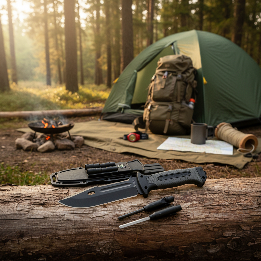 Cuțit Multifuncțional de Supraviețuire 6în1 - Lamă 27cm, Teacă ABS, Accesorii Complete
