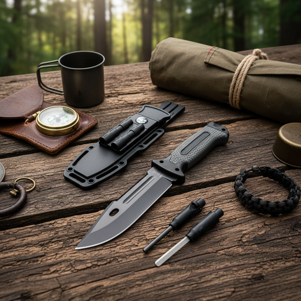 Cuțit Multifuncțional de Supraviețuire 6în1 - Lamă 27cm, Teacă ABS, Accesorii Complete