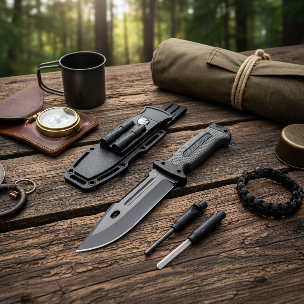 Cuțit Multifuncțional de Supraviețuire 6în1 - Lamă 27cm, Teacă ABS, Accesorii Complete