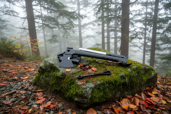 Topor Tactic 4 în 1 cu Cuțit, Amnar și Fluier